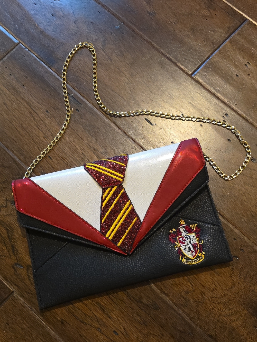 Red, Black & Gold Envelope Crossbody with Crest Accent